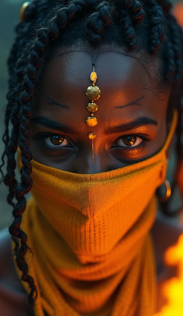 An ultra-realistic 4K cinematic image capturing a close-up of Tanya’s face, her piercing gaze radiating intensity and power. Her deep, radiant black skin highlights her strong African features, enhanced by tribal ritualistic markings across her face, symbo...