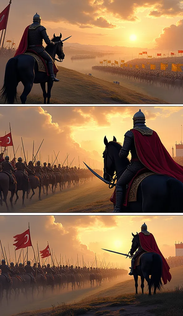 Storyboard, Comic book panel layout with white border, Multi view, Immersive, Go Pro, Action pose, Panel 5 Prompt for a split-panel scene showing Vlad fighting the Ottomans alongside the Hungarians:

Create an epic three-panel illustration depicting a medi...