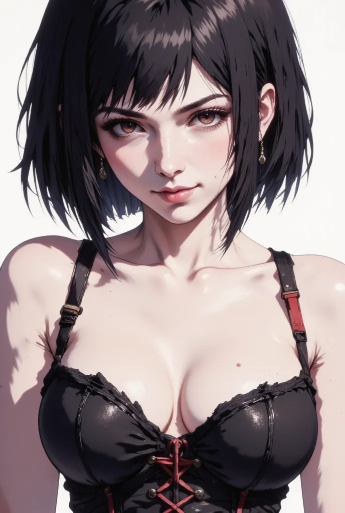 (SFW), short dark hair, Bob, white skin, discreet makeup, black corset, black underwear, red strap, red string,  bored, smiling. soft lighting, Chest-up shot, no text, Dark Art,  