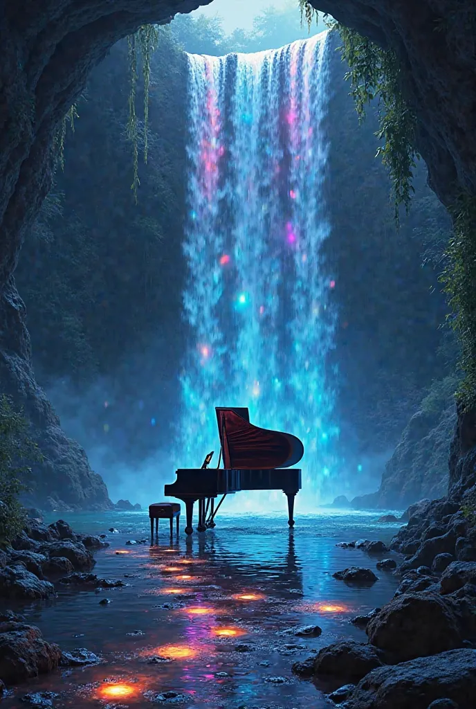 A piano under a luminous waterfall, with water reflecting colored lights as if they were musical notes."