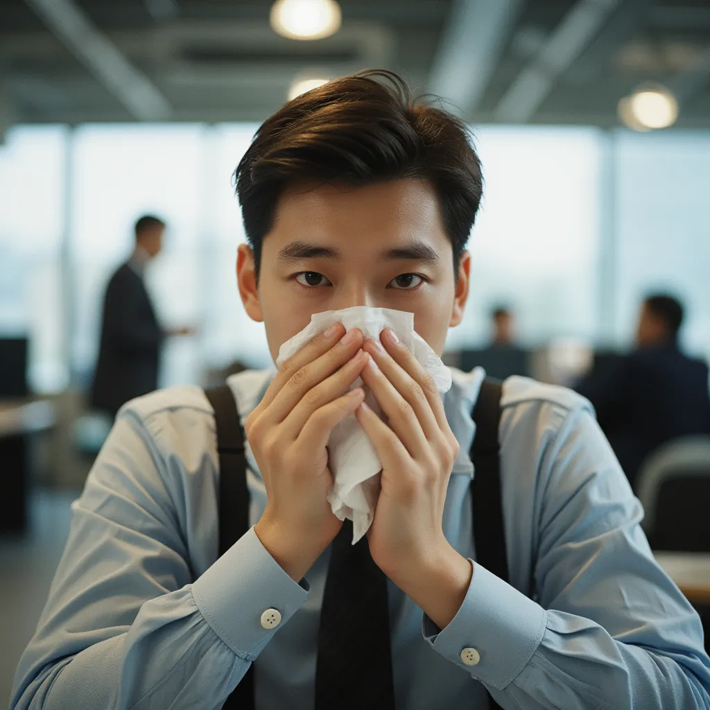 A man is wiping his runny nose with a tissue while sneezing, Full body, office background, masterpiece, best quality, detailed, high resolution, photorealistic