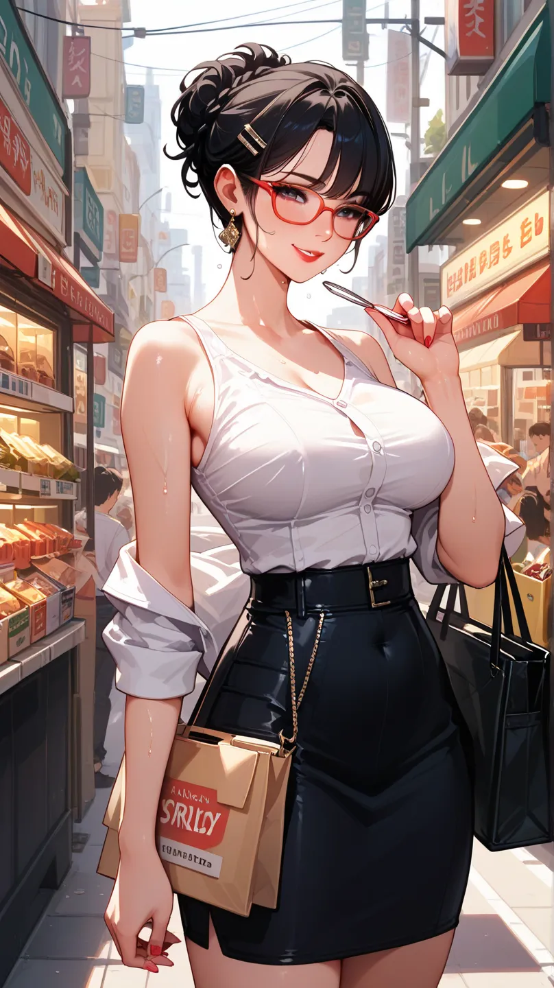 mature woman ， Black Short Hair ， curly hairstyle   ，bare shoulders， Very rich in details， High Resolution， Concise background    ，Chinese streets  ，Cutting，sexy，transparent，   large   ，white shirt， gray skirt，Smile，Street shopping，Lipstick，Sweat，  red gla...