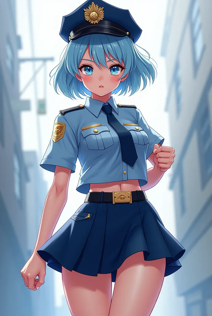 Illustration of a cute and beautiful girl dressed as a police miniskirt
The hair is light blue with bob hair　You can't see last-minute pants in a moving pose