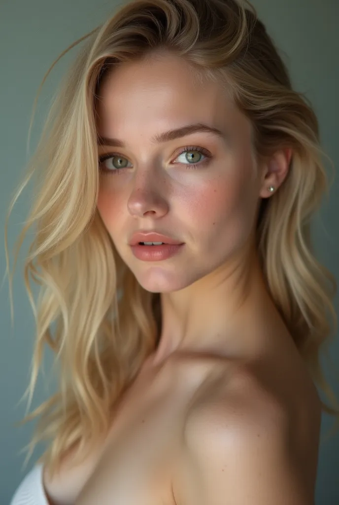 Make an 18-year-old girl beautiful, green eyes, blonde, smooth face and reddish lips with beautiful features naked blushed and white face, showing her naked vagina and tits, without any clothes