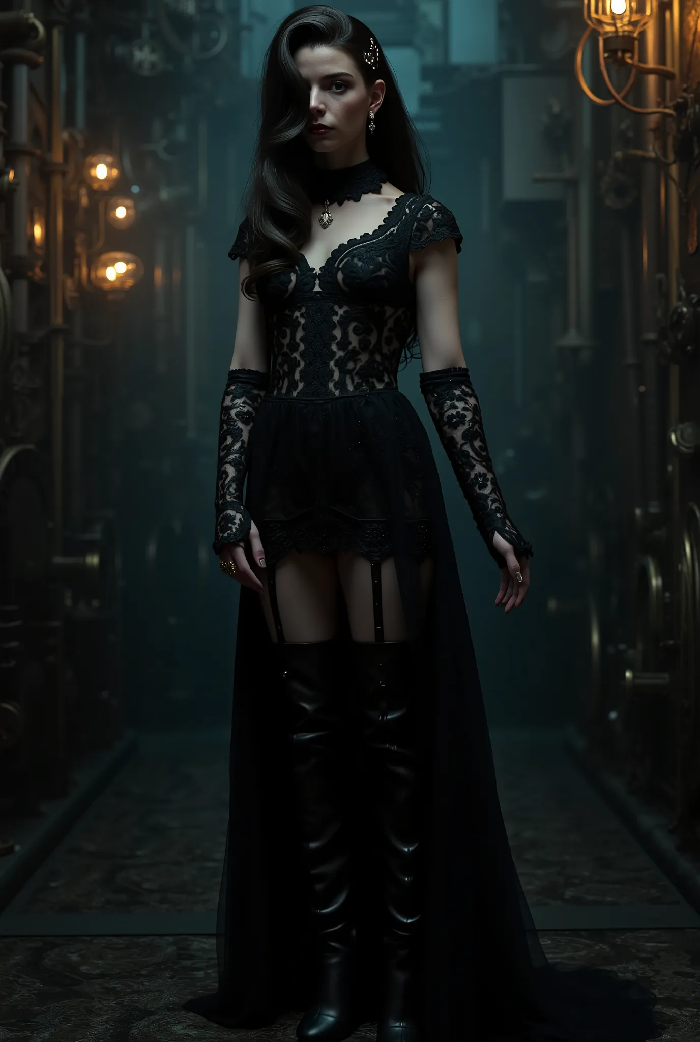 A 3D render of a hauntingly realistic portrayal best quality, highres, 4k, 8k, amazing quality, Photo full portrait of photo real. steampunk black lace dress woman. thigh high boots with 6 inch heels. steampunk background. “full body portrait