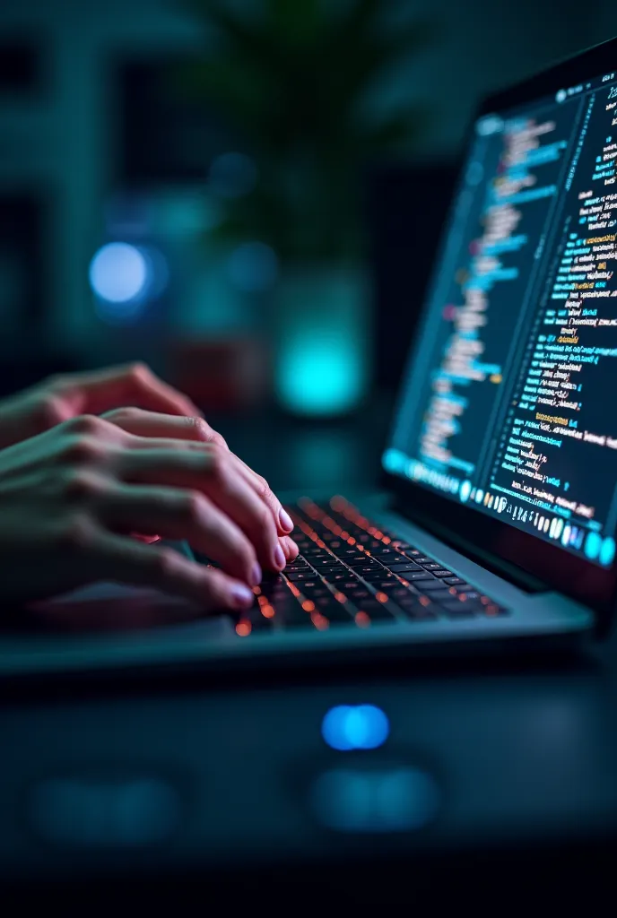 Close-up shot of hands furiously typing on a laptop screen filled with lines of code.