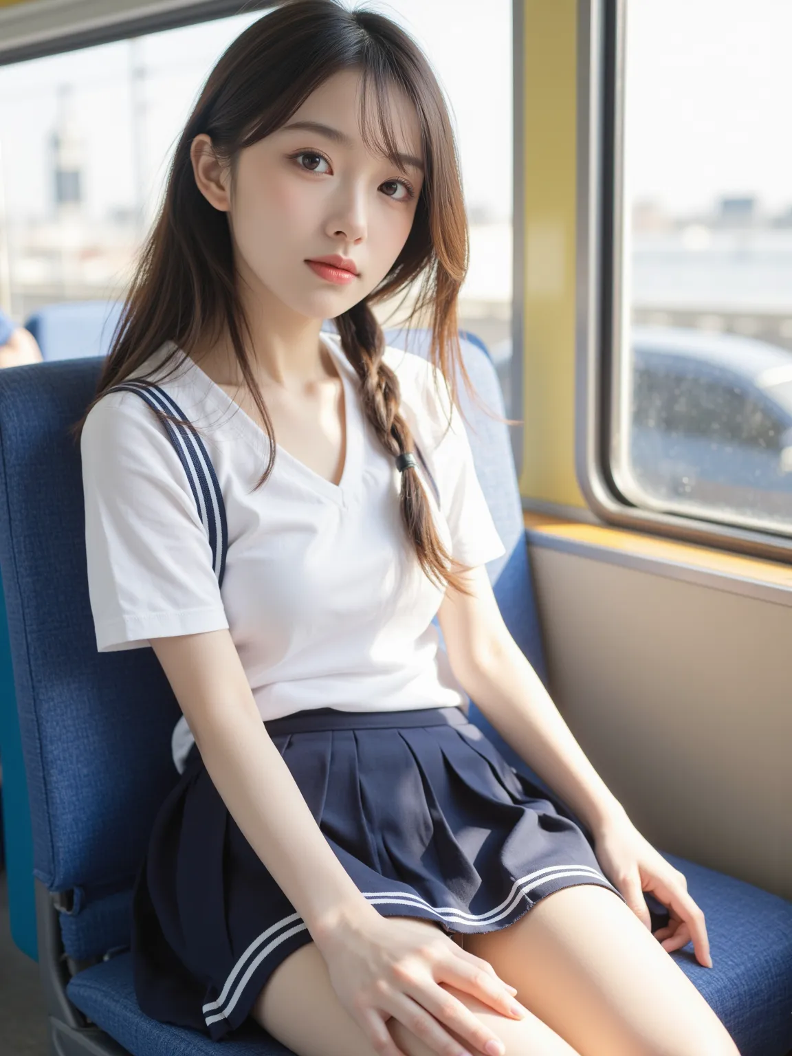 Japanese college student in a school uniform, sitting calmly in a window seat on a crowded bus, spring morning, skirt gently moving with the breeze, a stranger next to her, soft spring sunshine, realistic style, with a beautiful face and symmetrical eyes.