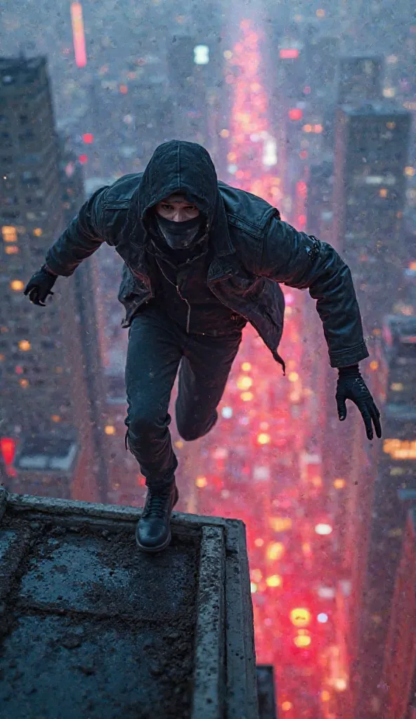 POV of running across a rooftop in a thrilling action sequence. The city skyline stretches in the background, while neon lights glow below. A masked villain (co-star) is in pursuit, holding a prop gun. The camera captures the actor’s hands mid-motion as th...