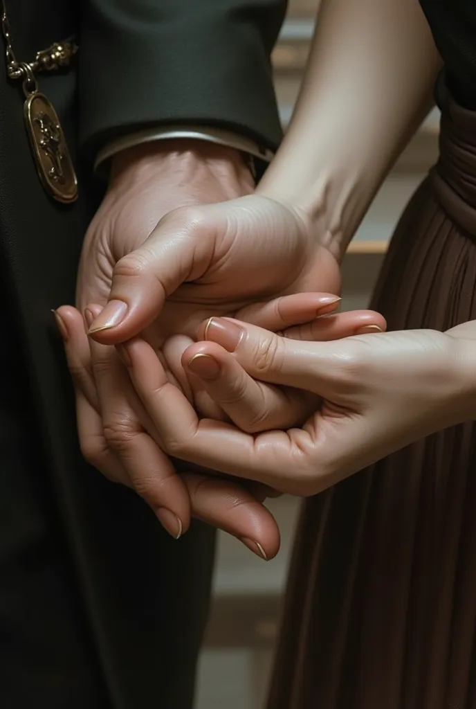 A man's hand lies on top of a woman's hand