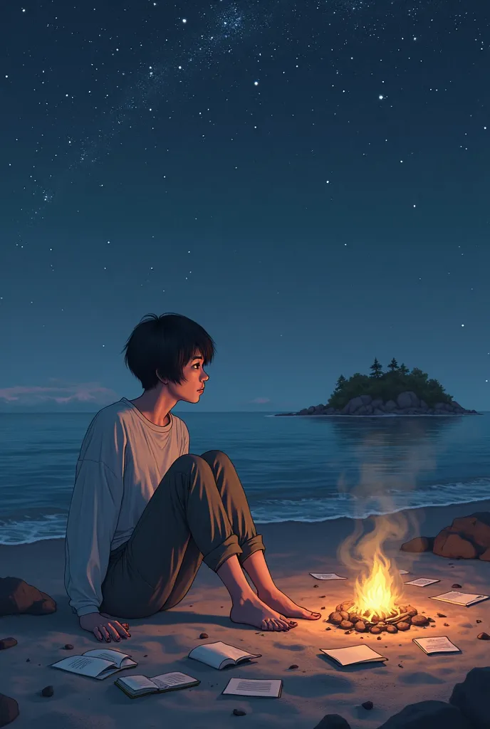 Girl with short hair like a man sitting on the beach next to a campfire, an island in the distance and a sky full of beautiful stars many love letters in the sand