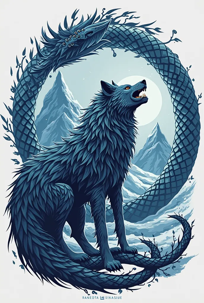 I need you to make me a Nordic-themed logo that includes the wolf from Norse mythology and the snake that has the name Raganarok with a blue color palette 