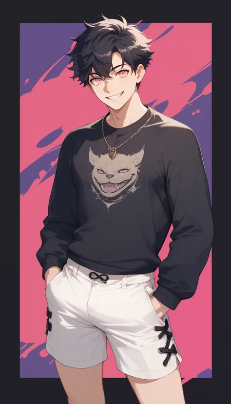 A man (22 year old appearance) with medium and messy black hair, Messy medium fringe, fair skin and pink eyes /red, wearing black clothes,  a black shirt , white shorts and black sneakers. hip up image. He has a sharp eye,  hunter's eyes , and a tight-lipp...