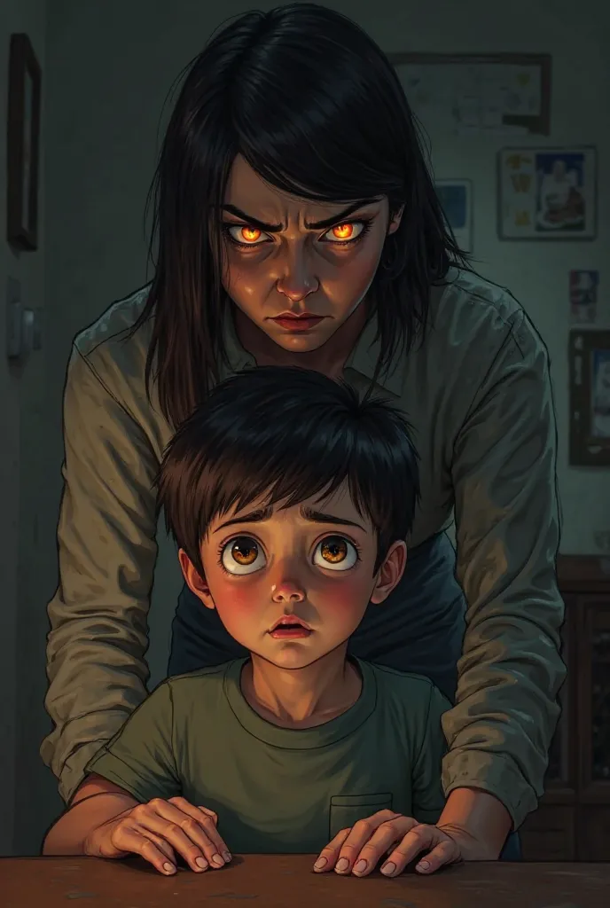 A boy with a worried face as his mother looks at him with fiery eyes.  