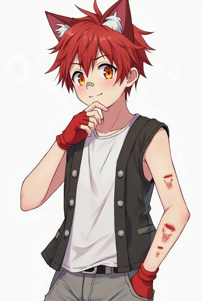  boy with a smile with messy red hair with cat ears, amber eyes, a white shirt, a black sleeveless jacket, red fingerless gloves, gray shorts that reach the knees, bruises on his arms and feet and a band-aid on his nose. 