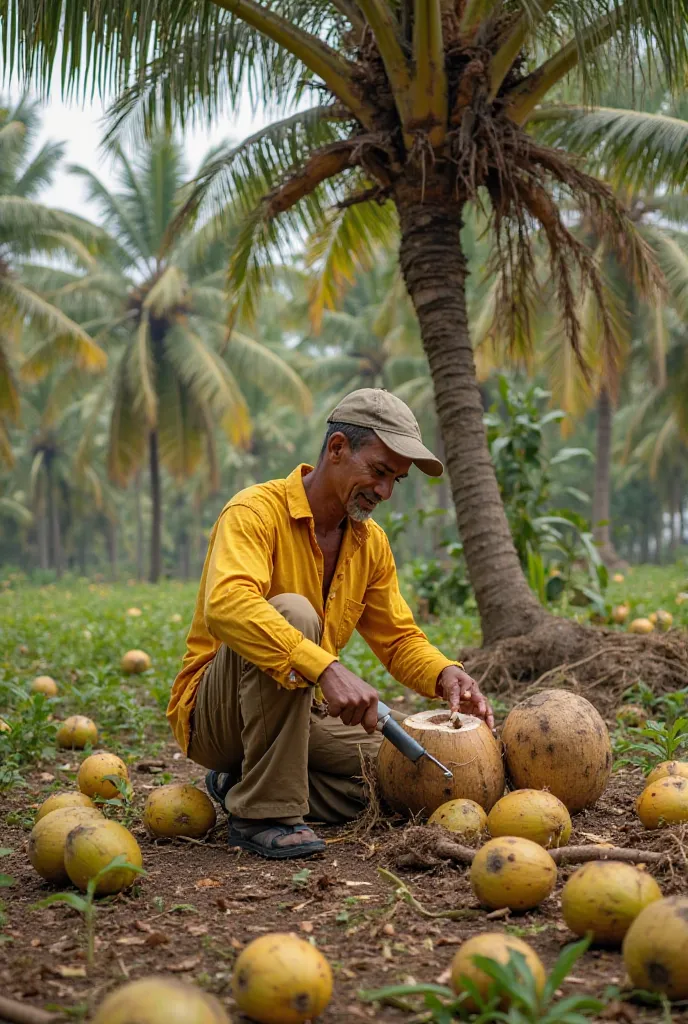 Create a virtual image at a fragrant coconut plantation, with a low coconut tree and full of coconuts. There is a man, yellow, wearing an old long-sleeved shirt, old trousers, wearing a cap, using a coconut cutter.