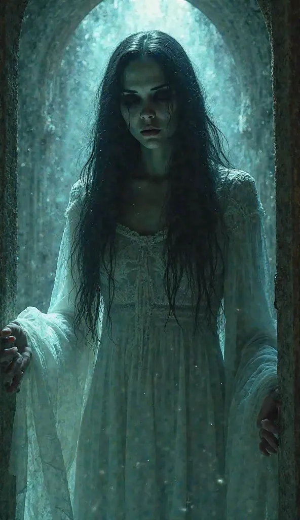 From the portal, ghostly figures begin to emerge, their translucent bodies flickering between this world and the next. La Llorona, her face twisted indetailed supernatural female spirit,translucent ghostly figure,ominously flickering between worlds,dark tw...