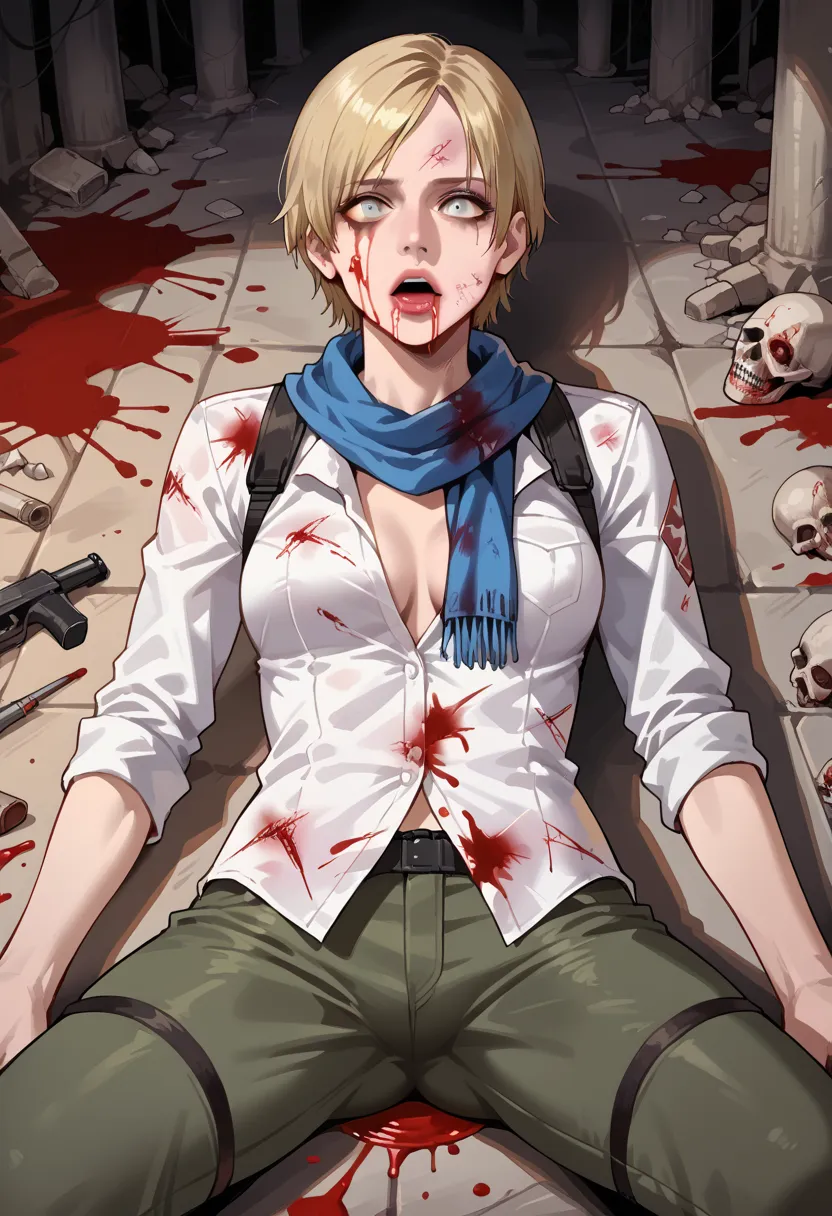 Resident evil ,Shelley Birkin,death ,score_9_up,  source_8_up, score_7_up,  source_realistic, 1 girl, Alone, Sh3rryre6, blonde hair,short hair,scarf,  shirt,  cargo pants , white eyes,no eyes,,no pupils,ruins, slum, spread your legs,Bloody Face,bleed,, blo...