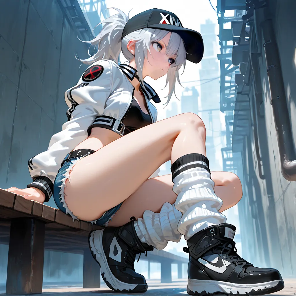 masterpiece, best quality, high resolution, anime, 1girl, , silver hair, high tops, loose socks, cutoffs, cropped jacket, cap, ponytail, Pier