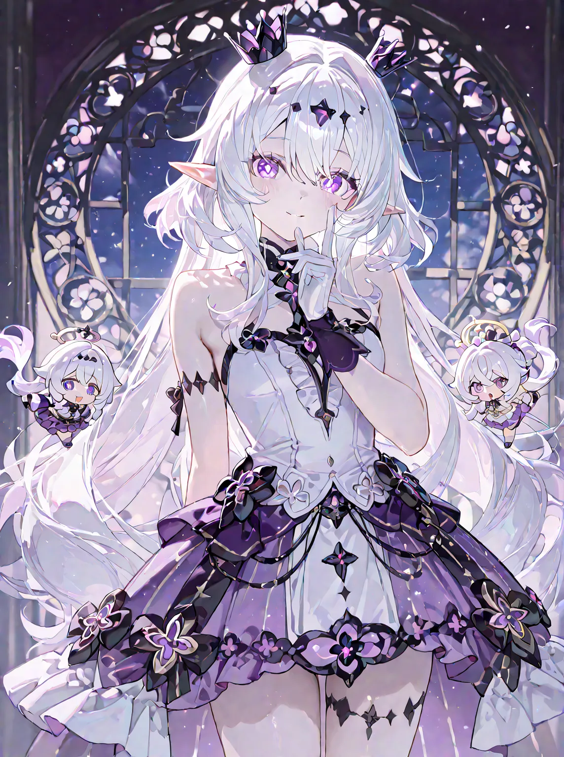 white skinned strong woman slanted violet eyes, elf ears, bright white shoulder-lenght few wavy white hair and back long hair violet locks, She uses a black crown with purple little gens decals, purple and white barrette, a white dress with black ornaments...