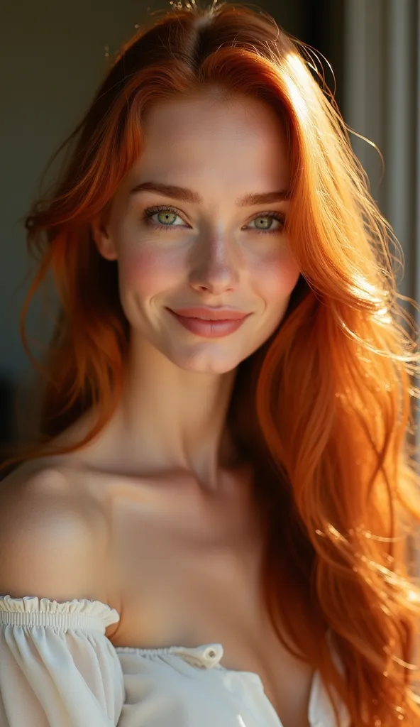 A stunning top model, ((slender face)), ((slender body)), long silky red hair with golden highlights under the sunlight. Deep and magnetic eyes, a color between green and amber, capable of capturing every emotion. Slender and elegant body, with harmonious ...