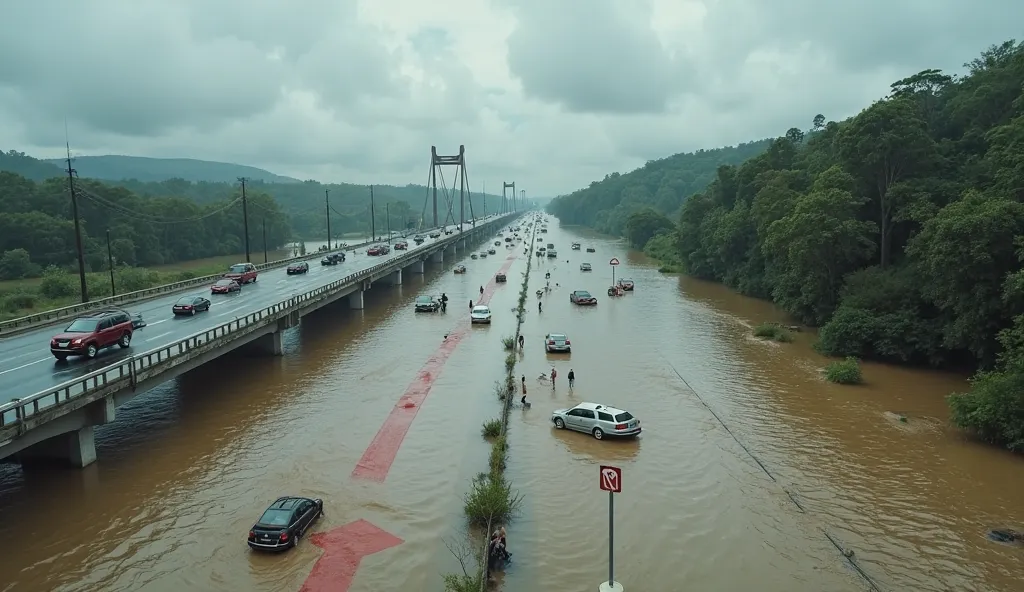 Realistic flood disaster on a highway, with muddy water partially submerging the road. Stranded cars, some still visible above water, people seeking help. A damaged but not fully collapsed bridge in the background. Cloudy sky, stormy atmosphere but not ove...