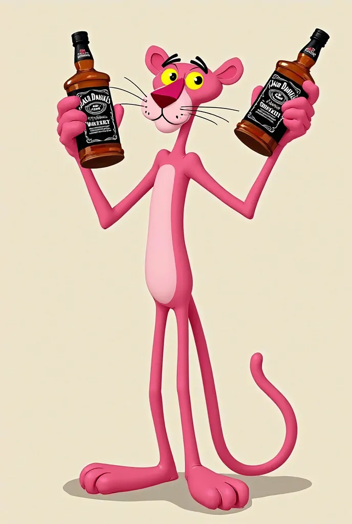 Pink panther holding two bottles of Jack Daniels whiskey in 2D