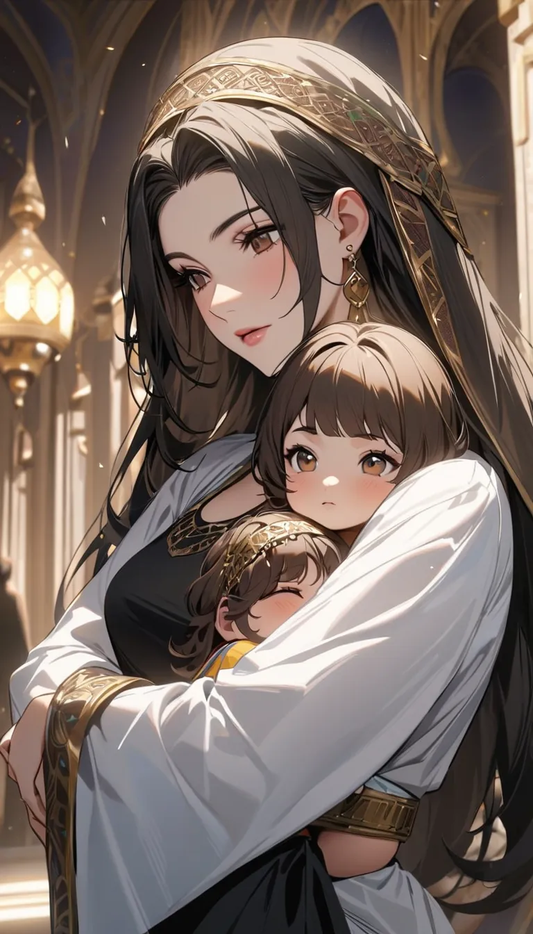 A mother and her little daughter, Jamal Faeq, Hanan, brown eyes, light brown hair, wearing an Arabic costume for women, hugging, the best quality, accurate details