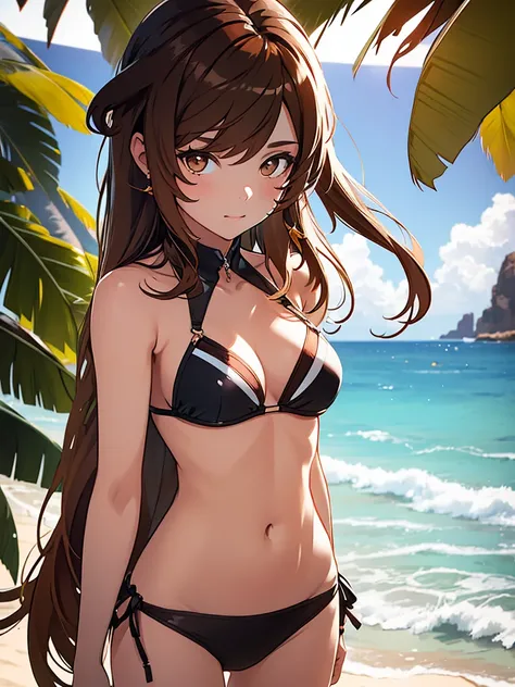  1girl, wearing a cute bikini a beach , brown colour hair, 8k, high detailed, high quality, high accuracy