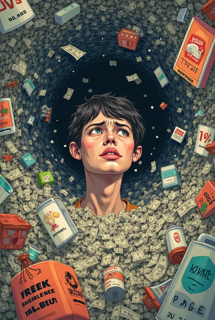 Create an illustration-style image showing a concerned person who is being attacked by products, money, offers that demonstrate how overconsumption can be something negative for human beings