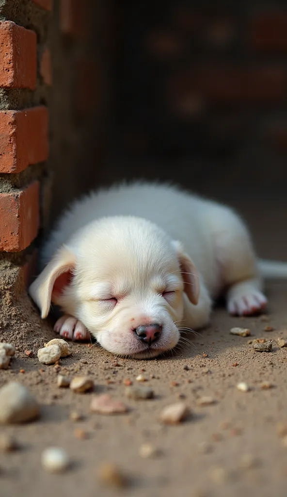 A small white puppy is sleeping peacefully on a rough dirt floor, nestled against an old brick wall. Its eyes are closed, and its fur is soft and slightly illuminated by gentle, warm lighting. Small rocks and debris are scattered around, with some pebbles ...