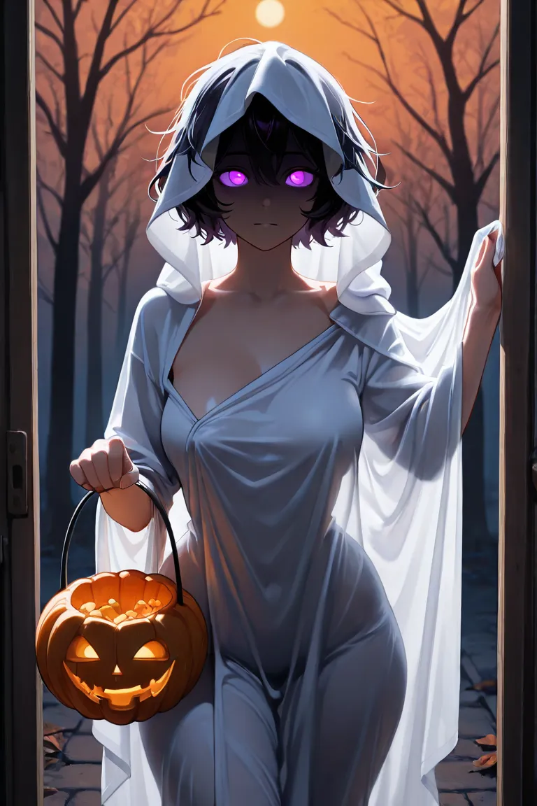 masterpiece,best quality,amazing quality,Busty Asian girl,1 girl,breasts,short hair,black hair,messy hair,purple eyes,glowing eyes. Her outfit consists of a loose white sheet covering her body,a cartoonish ghost face printed on the hood. However, the sheet...