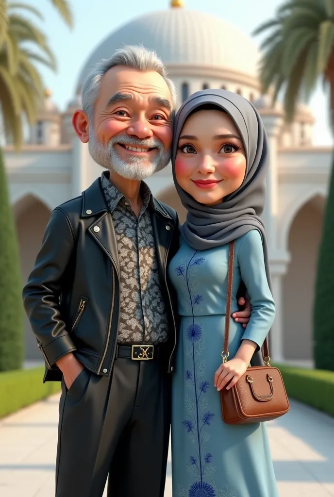 Ikutan Makcik Mazeeda Malek 
Highly detailed 5d caricature of an elderly couple standing together in front of an elegant modern mosque surrounded by greenery. The man has short, gray hair, using hoodie logo metallica and a thin beard, and is wearing a leat...