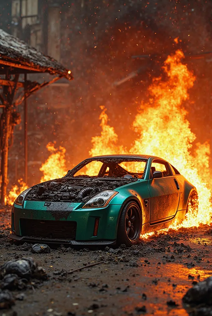 Order Summary:

Generar una imagen hiperrealista y cinematográfica de un Nissan 350Z verde aguamarina con capó negro en pérdida total dentro de un garaje completamente burning.

The car must be unrecognizable, consumed almost completely by fire, with the c...