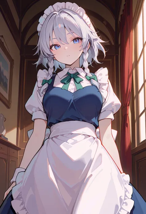 ((solo)), , touhou project, izayoi sakuya, 1girl, solo, blue eyes, twin braids, medium breasts, maid headdress, apron, puffy sleeves, amazing masterpiece, top quality, high fashion, absurdres extremely, HDR, intricate details, vivid colors