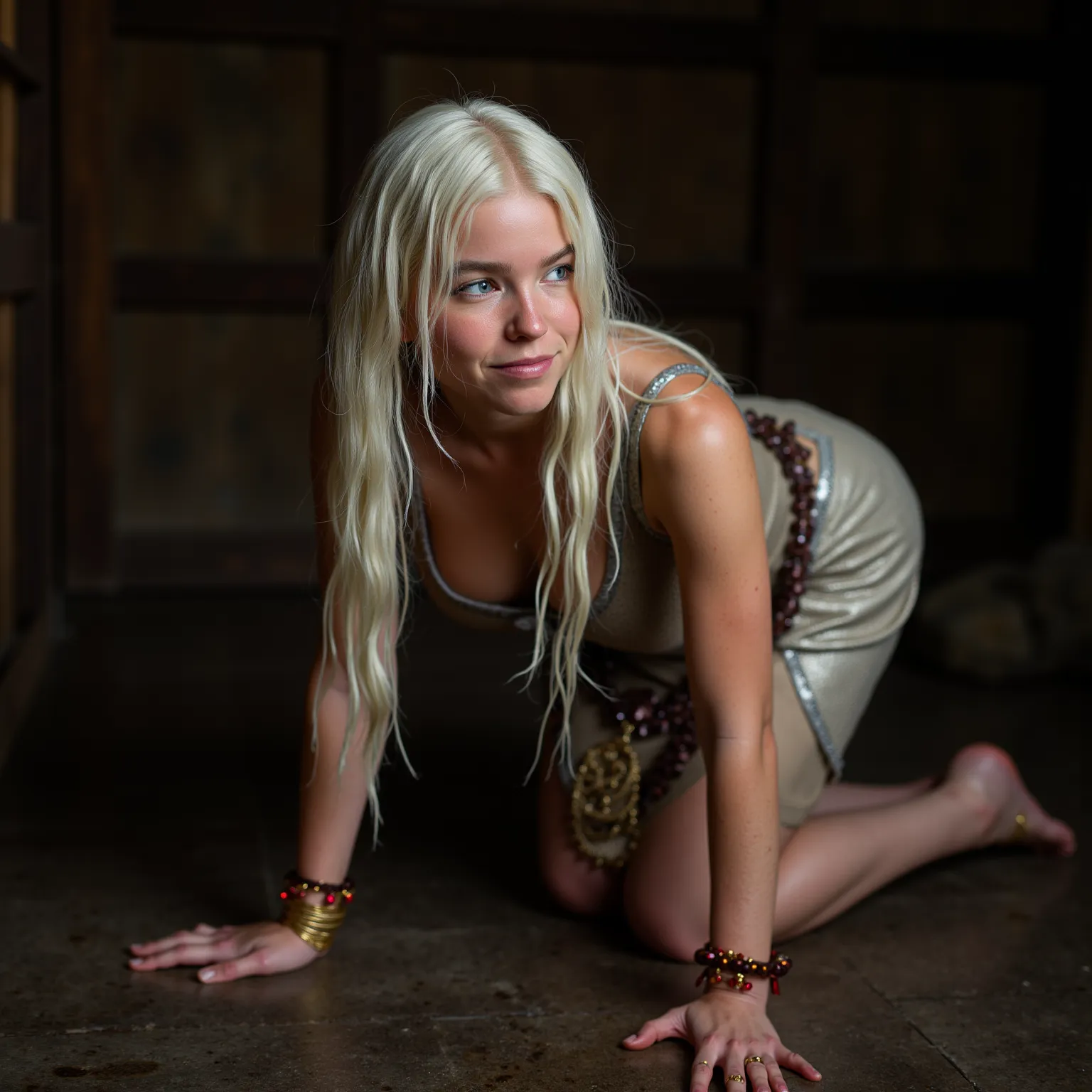 Professional photo of  Rainyra Targrien wearing a light medieval skirt , Topike .  open belly , open shoulders , Open legs.  stockings. Rainier is on all fours in an old dirty shed , you can see the ass. hand jewelry , foot decoration.  She has a long , we...