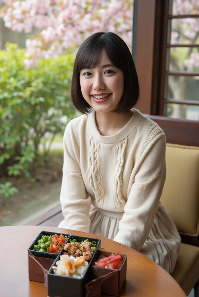 realistic pictures,portrait of a Japanese girl sitting in a luxurious Western-style room,short bob,eyeliner,eyeshadow,,burgundy lips, off-white sweater,frill skirt,bento boxes placed on the table,watch viewers,is laughing, cherry blossoms dancing outside t...