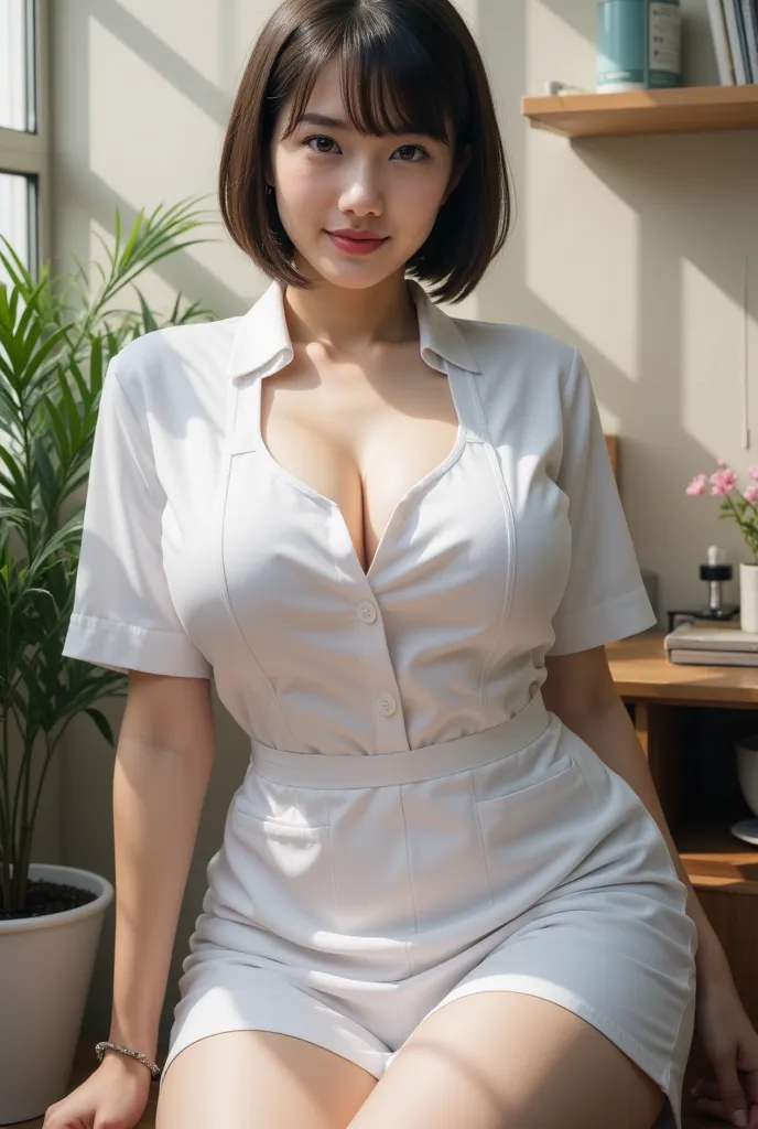 Japanese women、Nurse Jobs、Sexy beauty、short hair、back view、short skirt white coat、 The fine texture of the surrounding area is clearly visible 、emphasizes deep, photo-like depiction、Gold Dust、Full Body Photo Shoot！I don't need anime generation！I don't even...