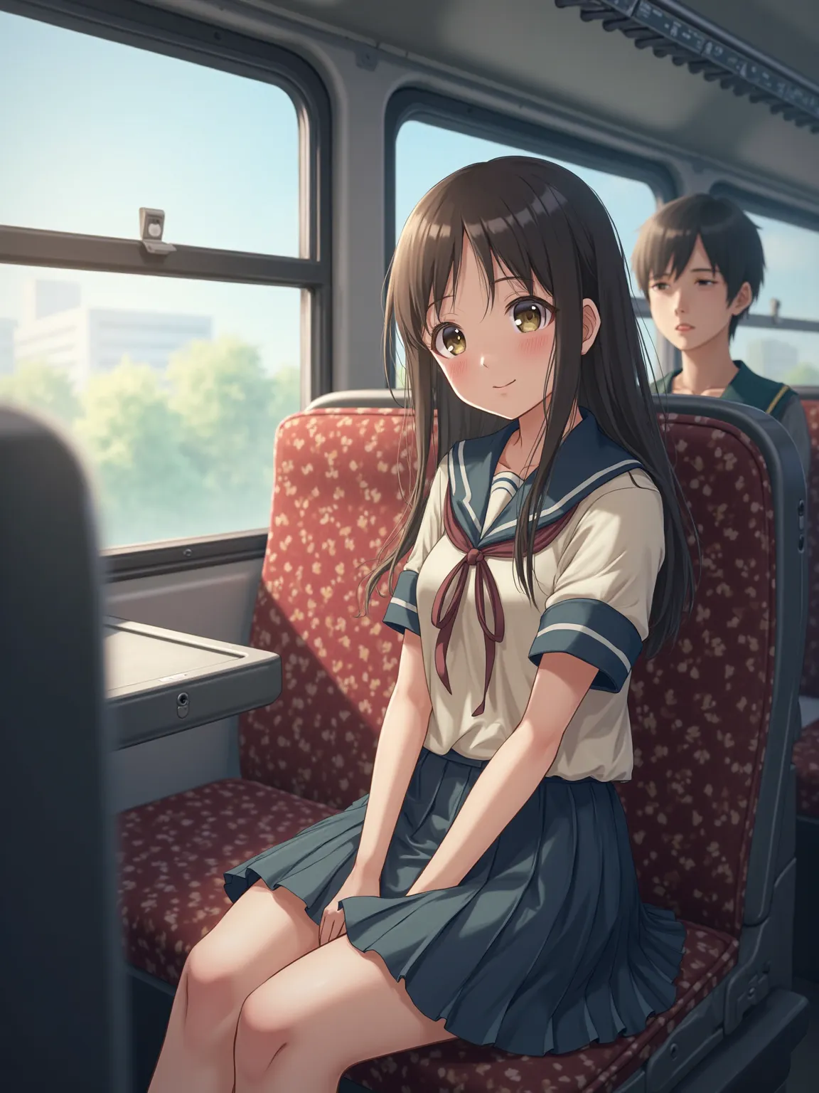  4K Raw photo. Japanese college student in a school uniform, sitting calmly in a window seat on a crowded bus, spring morning, skirt gently moving with the breeze, a stranger next to her, soft spring sunshine, realistic style, with a beautiful face and sym...