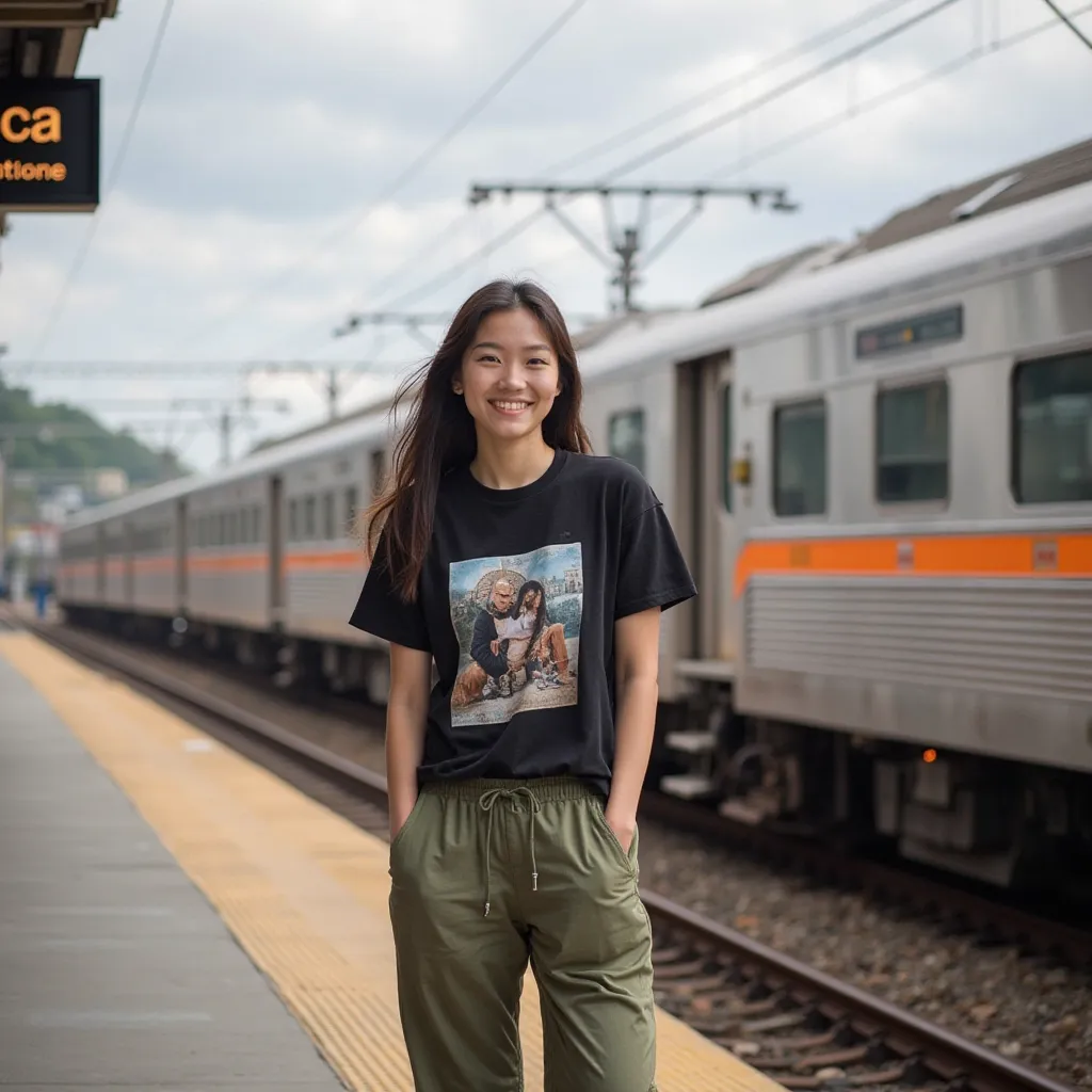 A young woman standing on the platform of the train, Smiling and looking towards the camera. He was wearing a black T-shirt with a picture, olive green jogger pants, and white sneakers. The background featured a silver-colored train with orange stripes, pa...