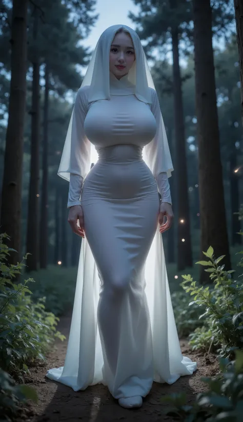 Woman dressed as a ghost, background of night forest, Some fireflies,  VERY REALISTIC, Cinematic, professional photographer, ((real women)) 