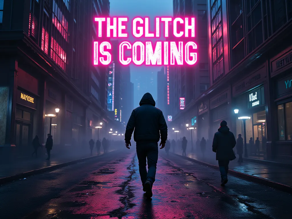 A dark, futuristic city with glitching neon lights. A mysterious figure running through shifting streets with wearing tech hoody . Ink bleeding across the sky, forming forbidden words. A shadowed entity watching from above. A final shot of the words 'THE G...