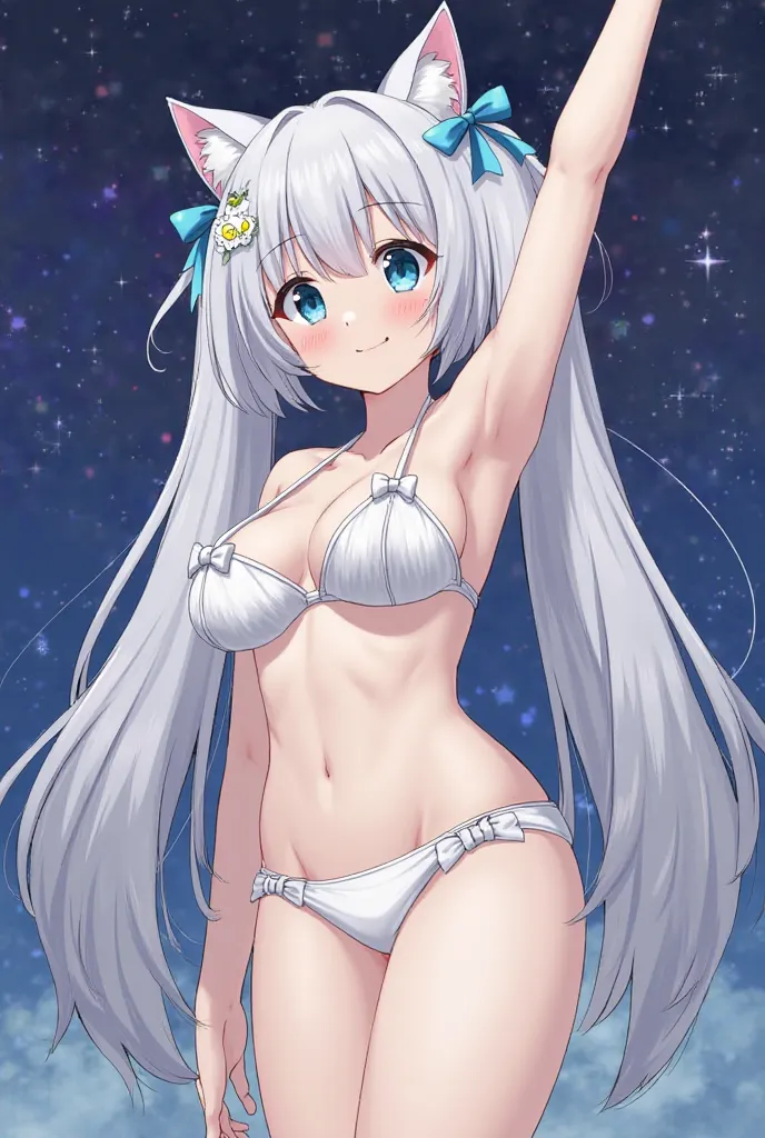 high resolution, masterpiece, top quality, twin tails, Gray Hair,  Silver Hair, bigger breasts in bikinis, Cat ears, blue eyes, smiles, standing up picture, ribbon hair accessory, devil's horns, anime style, 　Glasses　HIGH SCHOOL GIRLS　One person天真爛漫な笑顔　twi...