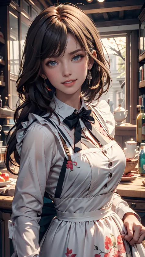 1 girl, masterpiece, best quality, 8k, detailed skin texture,  detailed cloth texture, beautiful detailed face, complex details, Super Detail, Alice in Wonderland, (A ribbon on her head:1.1), full body photo、Apron dress decorated with frills、smile