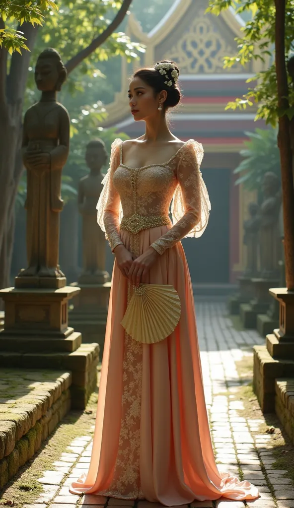 Prompt : ThaiVictorianStyle, Graceful Lady in a Temple Garden
A poised Thai woman wearing a ThaiVictorianStyle dress that combines traditional Thai silk with Victorian-inspired lace and puffed sleeves. The dress is richly detailed with floral embroidery an...