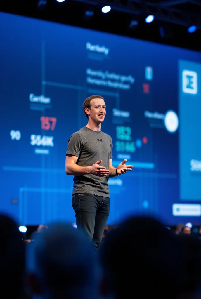 A modern-day Mark Zuckerberg speaking on stage at a major tech event, wearing his signature t-shirt and jeans.