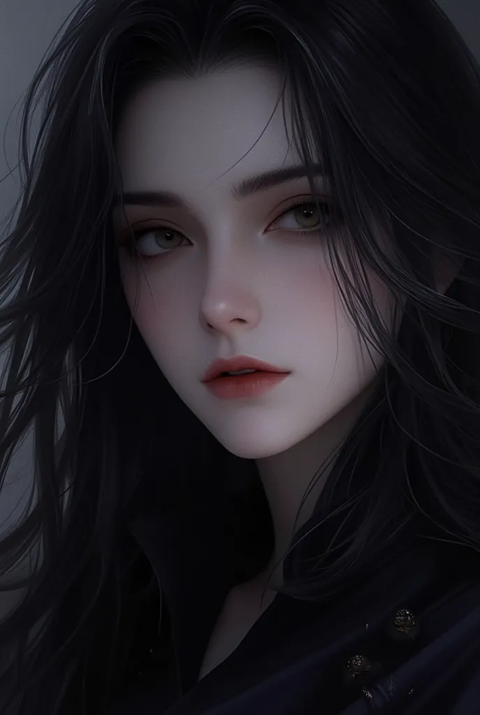 realistic woman with black hair, black eyes, looking slightly towards the left.