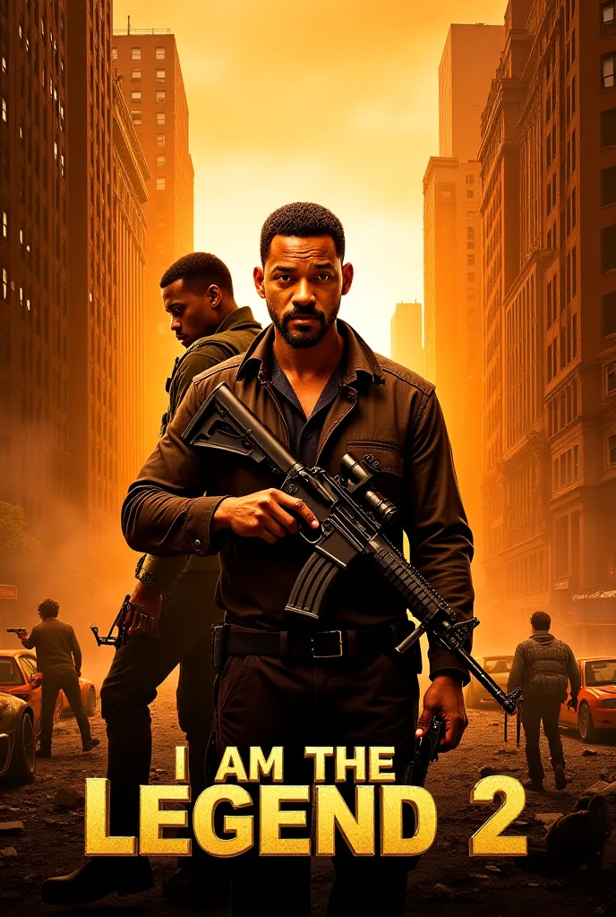 "Um cartaz de cinema hiper-realista para o filme  I AM THE LEGEND 2 .  in the center, Will Smith appears with a worn look, uncut beard, holding a rifle, with a determined look. In the background, michael b. Jordan appears partially shaded,  Ready for actio...