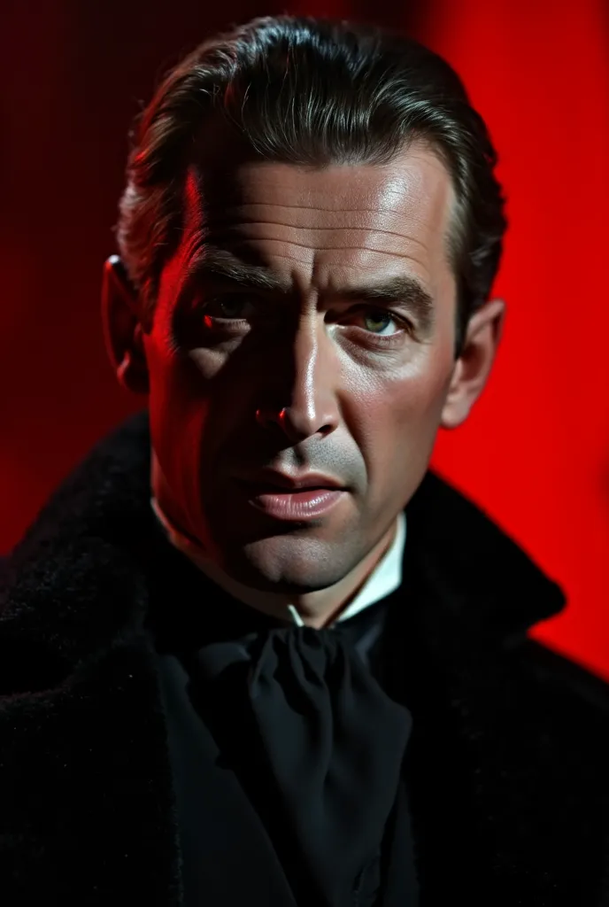 Man at 40 years old, It's Dracula. very serious, Repeated backwards, with gray hair only at the root of the hair, With a marked widow's beak, dressed in a completely black Victorian costume, with a black Victorian tie,  with a black layer with a red inner ...