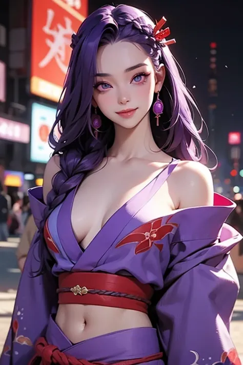 1 girl,  Brant Bang, braiding, Loose Sleeves, hair ornament,Obi says, (purple hair:1.2), very long hair,  straight hair , watching the audience, Highly Detailed Background, (realistic:1.2), beautiful eyes, Red Eye Shadow, written boundary depth，thigh, (Urz...