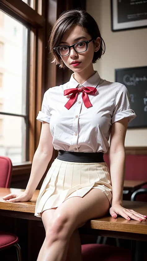 a photo of a young girl, nerdy woman sitting in a cafe ,  wearing a white shirt , short red pleated skirt with a bow,  surrounded by a cozy atmosphere, looking at the spectator.
short hair, slender, red lips,  transparent fabric ,  flirting with the camera...